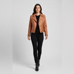 Lane Crawford Faux Leather Moto Jacket L | Tan Brown Leopard Lined